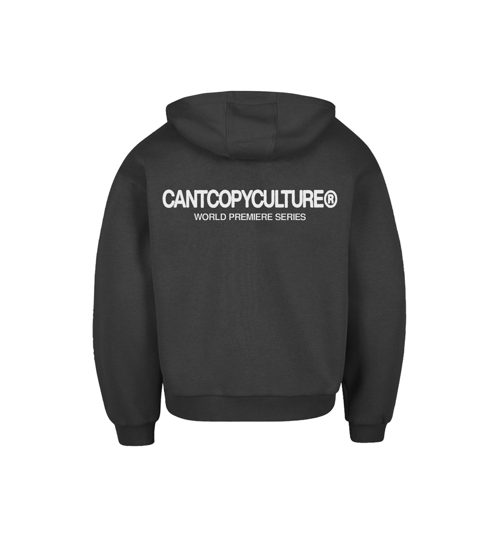 Black hoodie with white text on the back against a white background