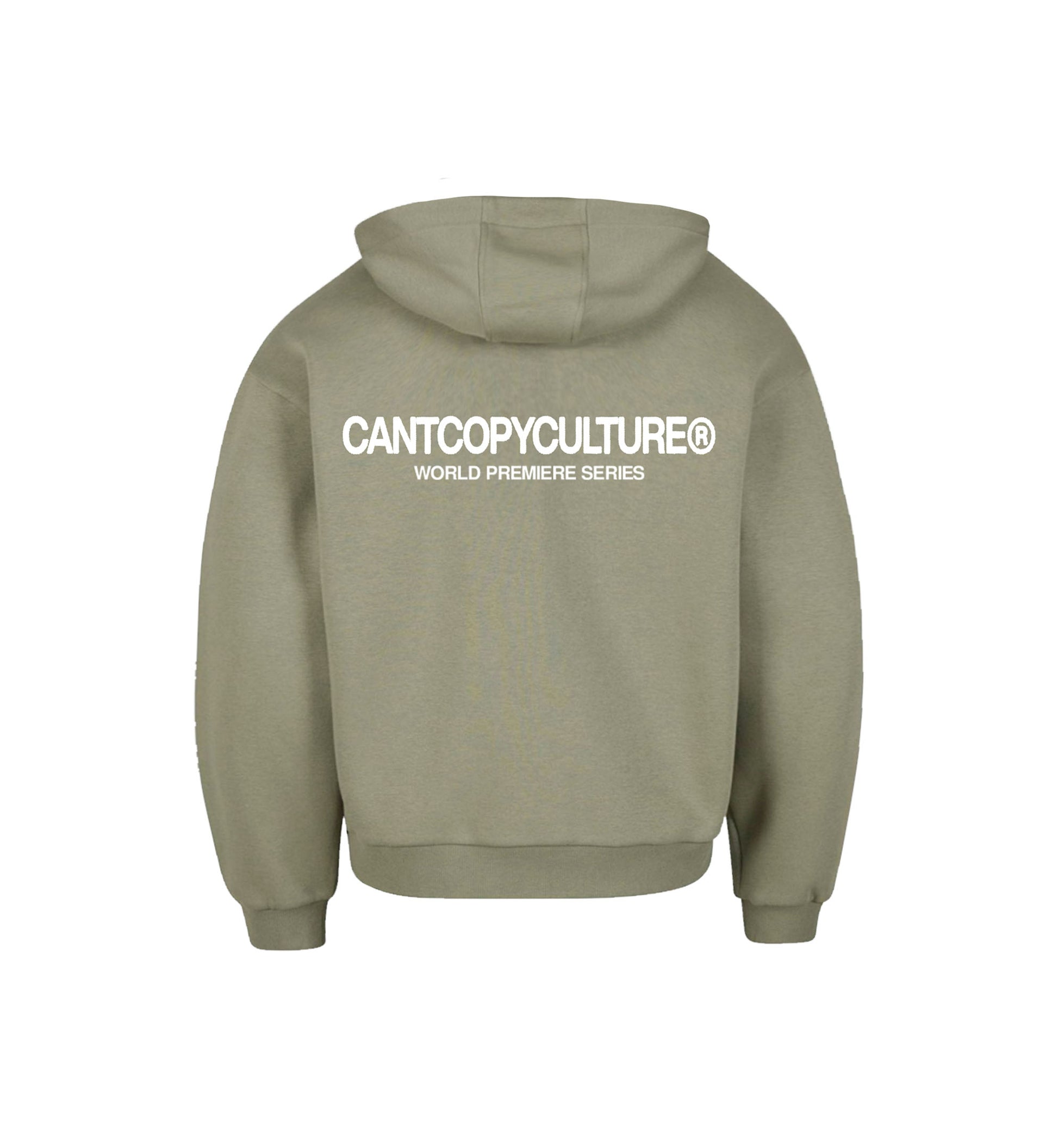 Green hoodie with text on the back against a white background